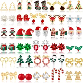 30 Pairs Christmas Earrings for Women, Xmas Gifts Holiday Cute Stud Earrings Hypoallergenic Christmas Tree Snowflake Bow Snowman Stocking Santa Claus Elk Stud Festive Party Jewelry Gifts