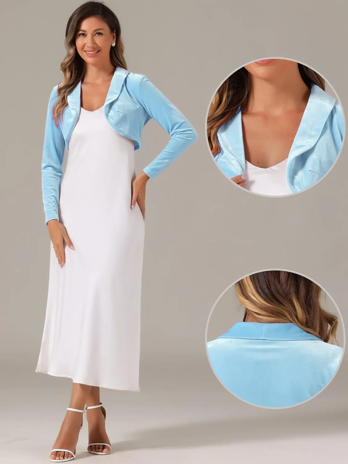 Allegra K Long Sleeve Shrug Top for Women's Lapel Collar Velvet Christmas Open Front Cropped Cardigan