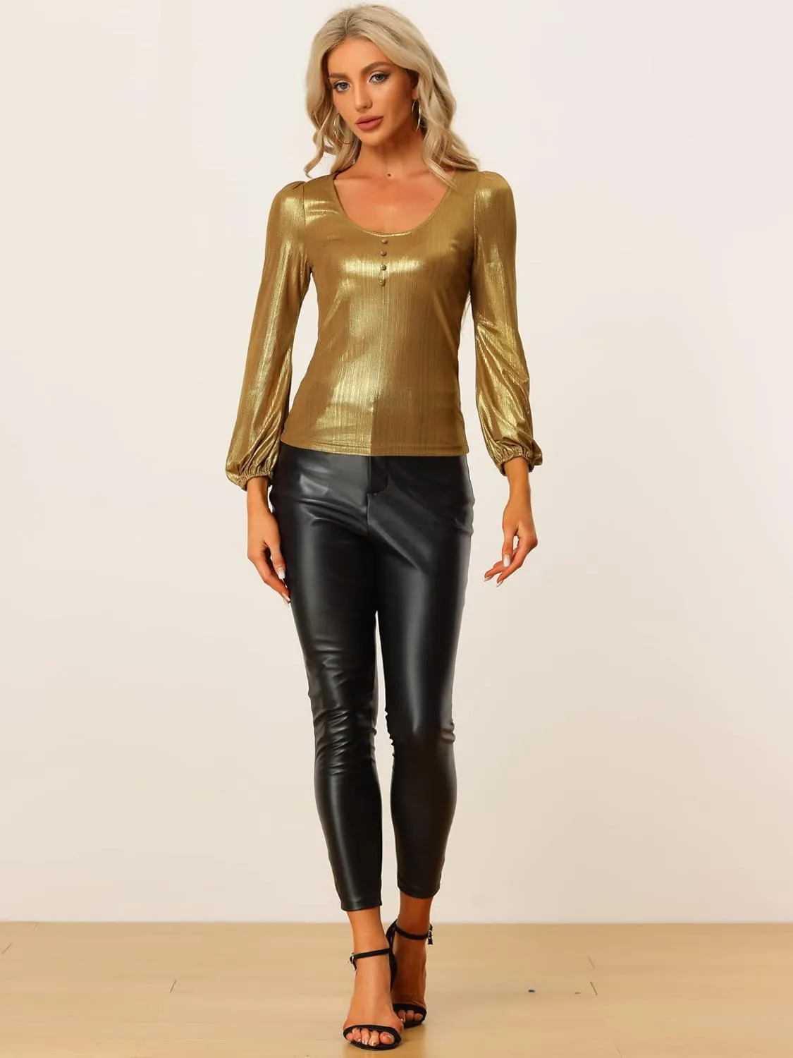 Allegra K Metallic Blouse for Women's Christmas Sparkly Party Shiny Bishop Sleeve Glitter Tops