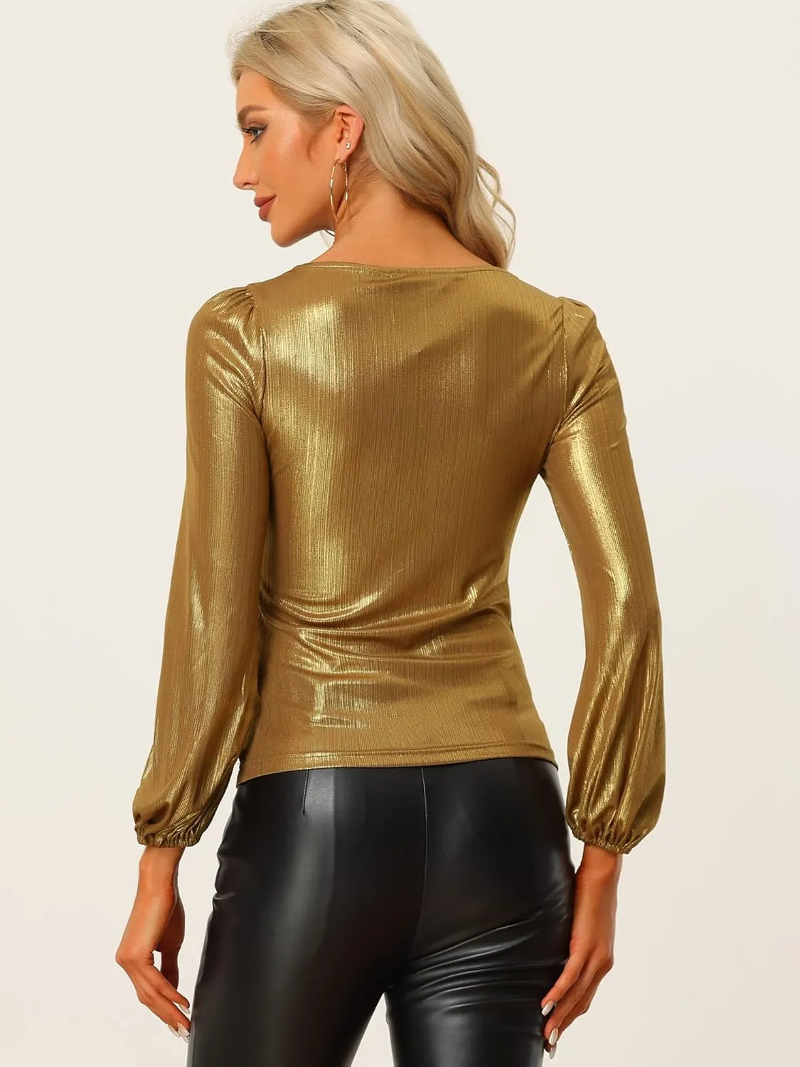 Allegra K Metallic Blouse for Women's Christmas Sparkly Party Shiny Bishop Sleeve Glitter Tops