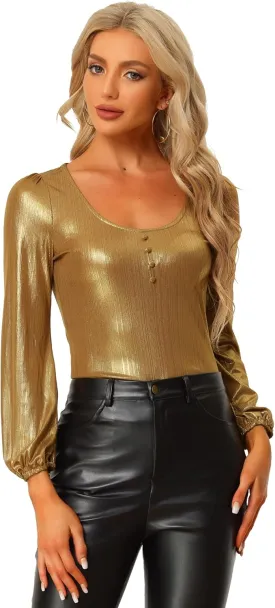 Allegra K Metallic Blouse for Women's Christmas Sparkly Party Shiny Bishop Sleeve Glitter Tops