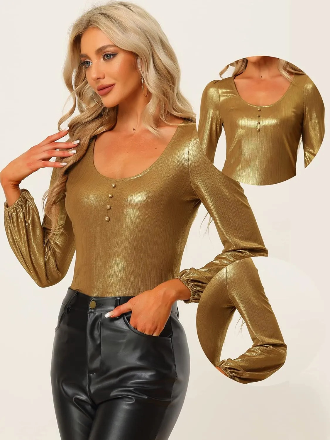 Allegra K Metallic Blouse for Women's Christmas Sparkly Party Shiny Bishop Sleeve Glitter Tops