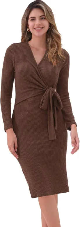 Allegra K Women's 2024 Fall Winter Long Sleeve Tie Waist Bodycon Knit Wrap Sweater Dress