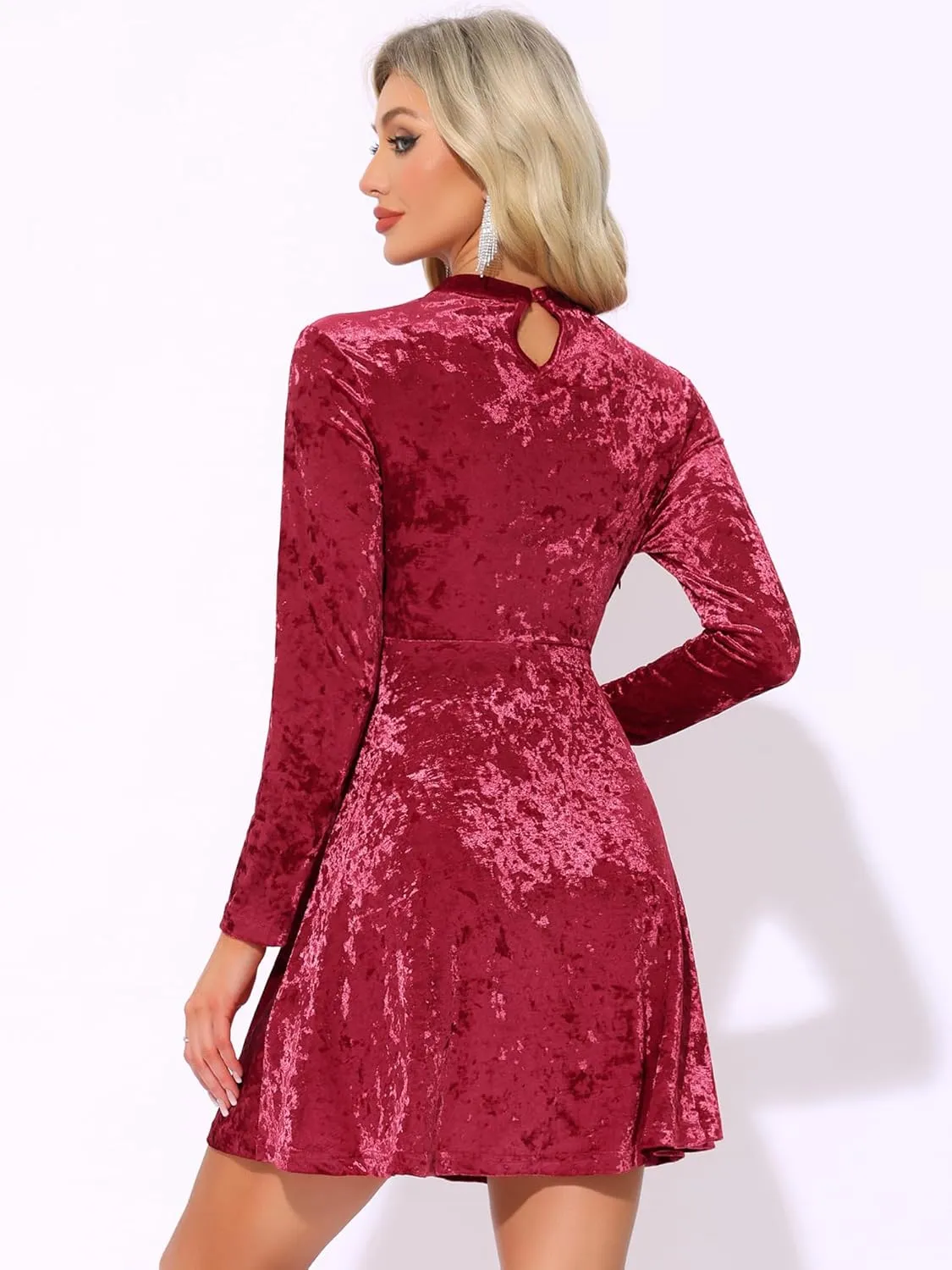 Allegra K Women's Keyhole Neck Dresses High Waist Long Sleeve Christmas Velvet Swing Mini Dress