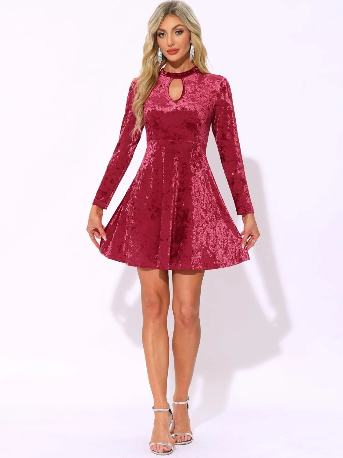 Allegra K Women's Keyhole Neck Dresses High Waist Long Sleeve Christmas Velvet Swing Mini Dress