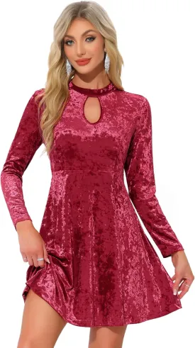 Allegra K Women's Keyhole Neck Dresses High Waist Long Sleeve Christmas Velvet Swing Mini Dress