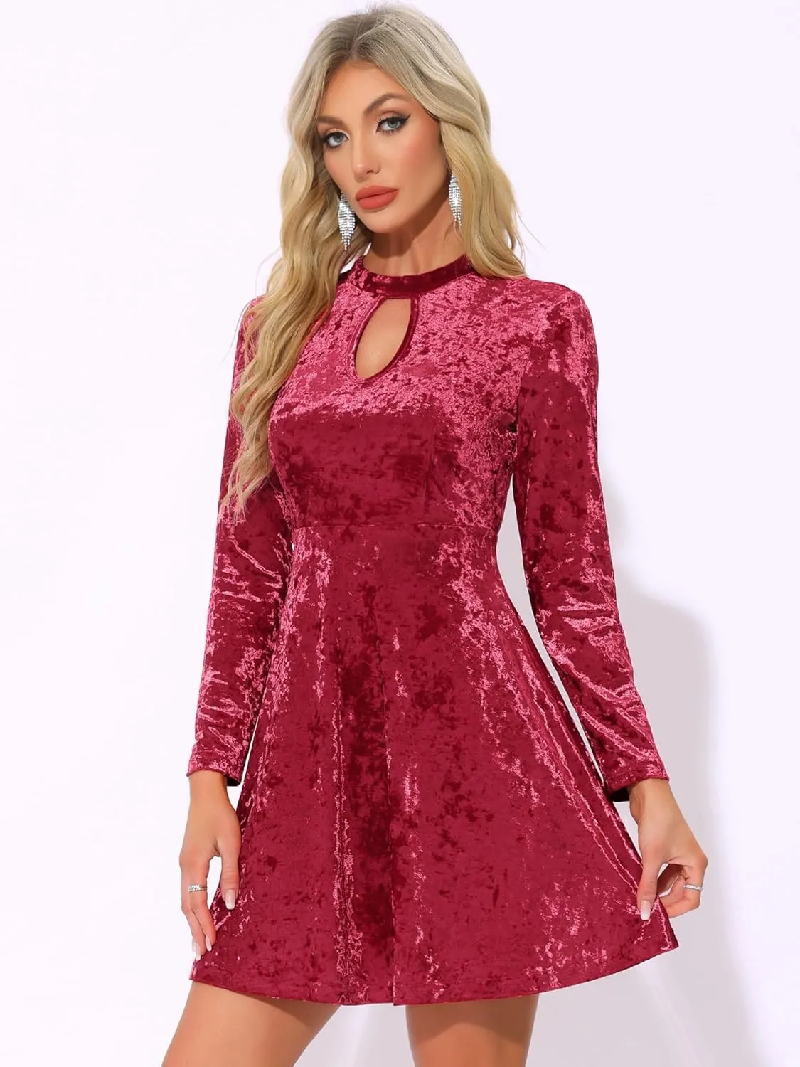 Allegra K Women's Keyhole Neck Dresses High Waist Long Sleeve Christmas Velvet Swing Mini Dress
