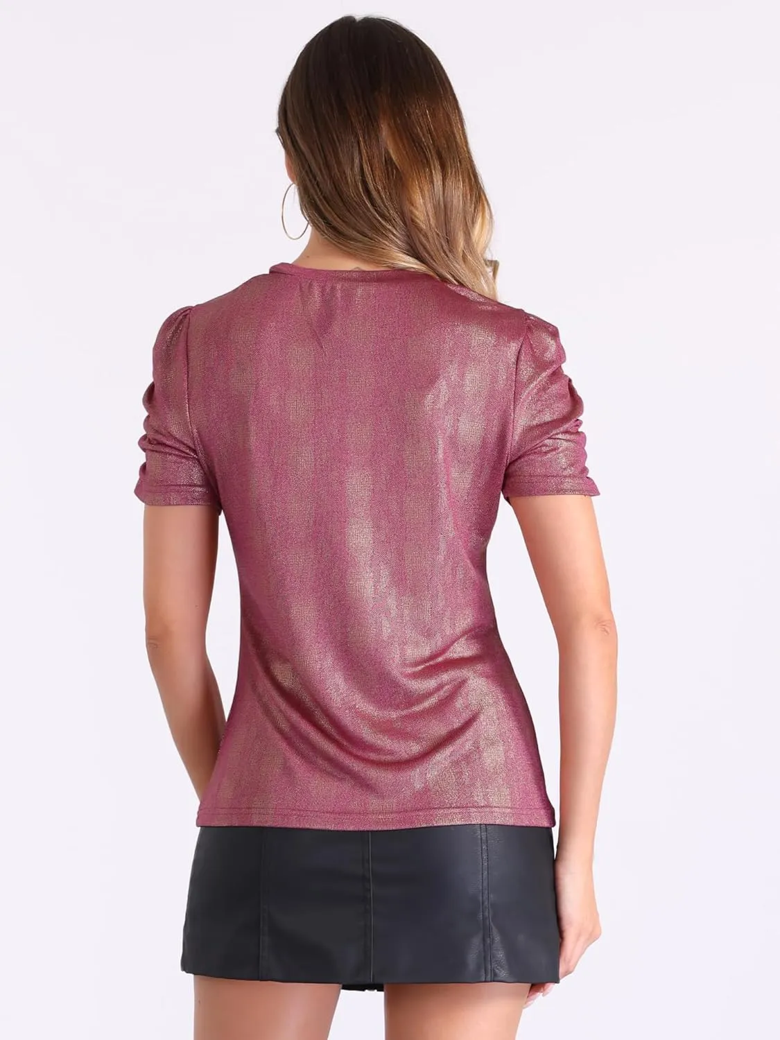 Allegra K Women's Metallic Glitter Top Christmas Round Neck Puff Sleeve Stretch Shiny Sparkly Tops