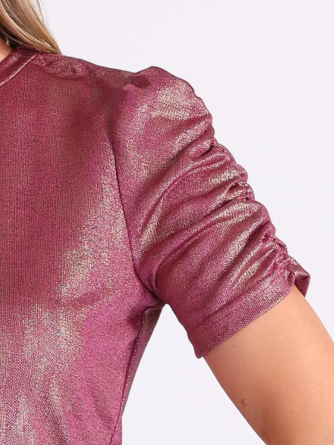 Allegra K Women's Metallic Glitter Top Christmas Round Neck Puff Sleeve Stretch Shiny Sparkly Tops