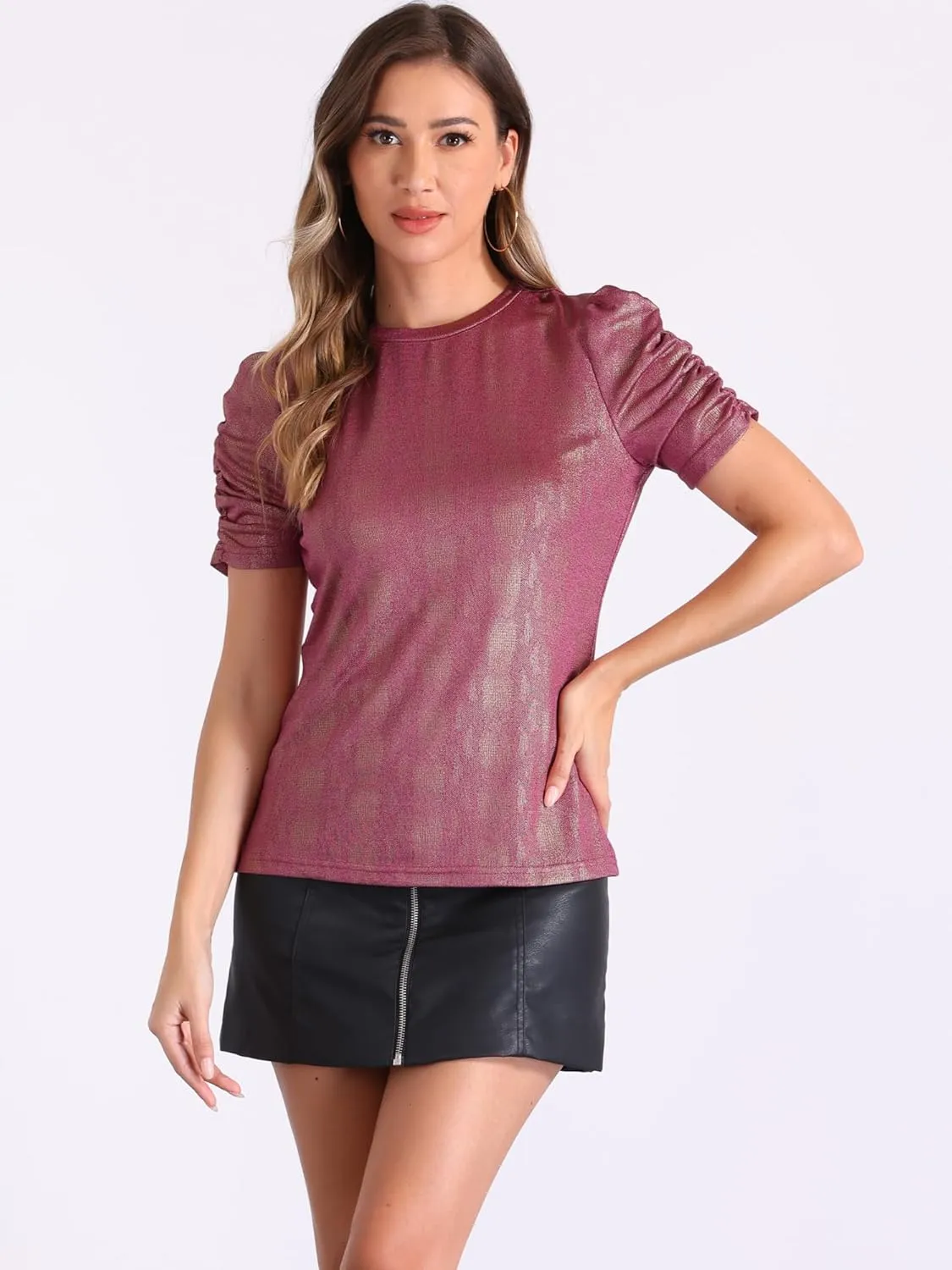 Allegra K Women's Metallic Glitter Top Christmas Round Neck Puff Sleeve Stretch Shiny Sparkly Tops