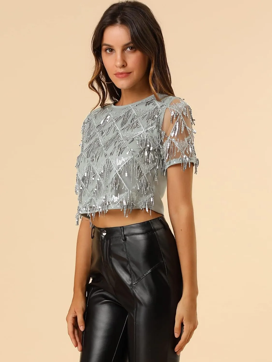 Allegra K Women's Sequin Shiny Glitter Crop Top Christmas Short Sleeves Sexy Party Tassel T-Shirt