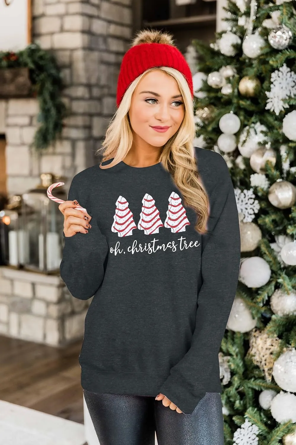 BANGELY Christmas Sweatshirt Women Christmas Tree Cake Graphic Sweater Shirts Xmas Holiday Pullover Cute Long Sleeve Tops