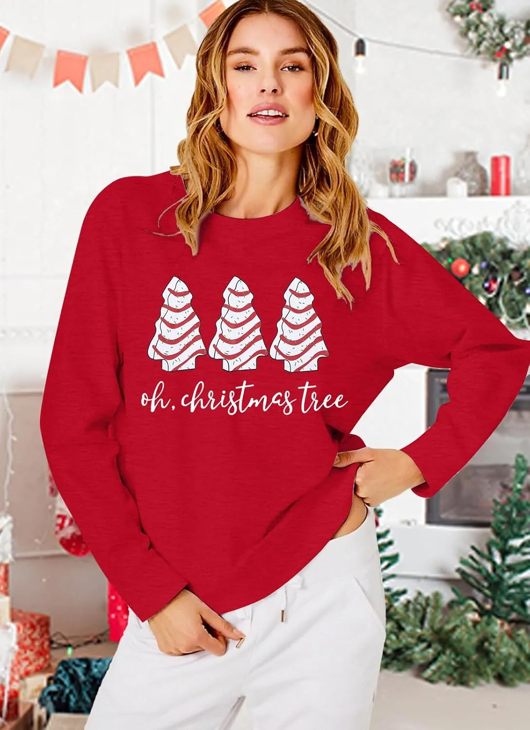 BANGELY Christmas Sweatshirt Women Christmas Tree Cake Graphic Sweater Shirts Xmas Holiday Pullover Cute Long Sleeve Tops