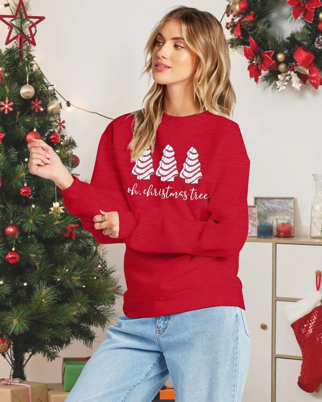 BANGELY Christmas Sweatshirt Women Christmas Tree Cake Graphic Sweater Shirts Xmas Holiday Pullover Cute Long Sleeve Tops
