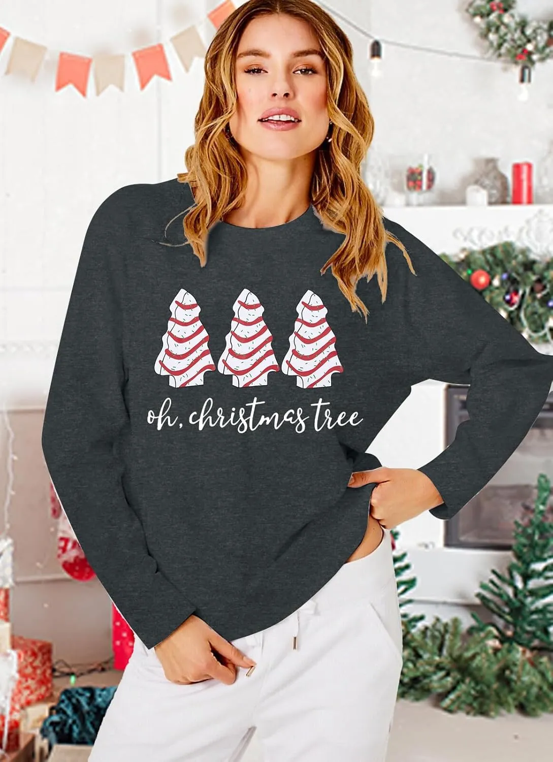 BANGELY Christmas Sweatshirt Women Christmas Tree Cake Graphic Sweater Shirts Xmas Holiday Pullover Cute Long Sleeve Tops