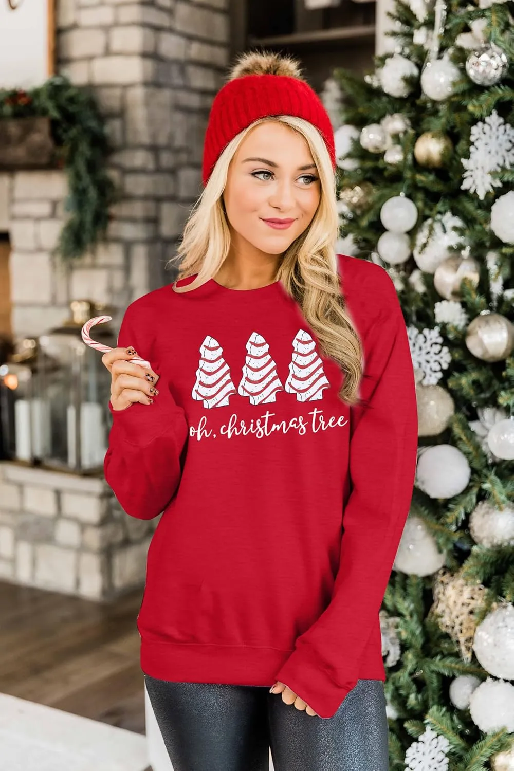 BANGELY Christmas Sweatshirt Women Christmas Tree Cake Graphic Sweater Shirts Xmas Holiday Pullover Cute Long Sleeve Tops