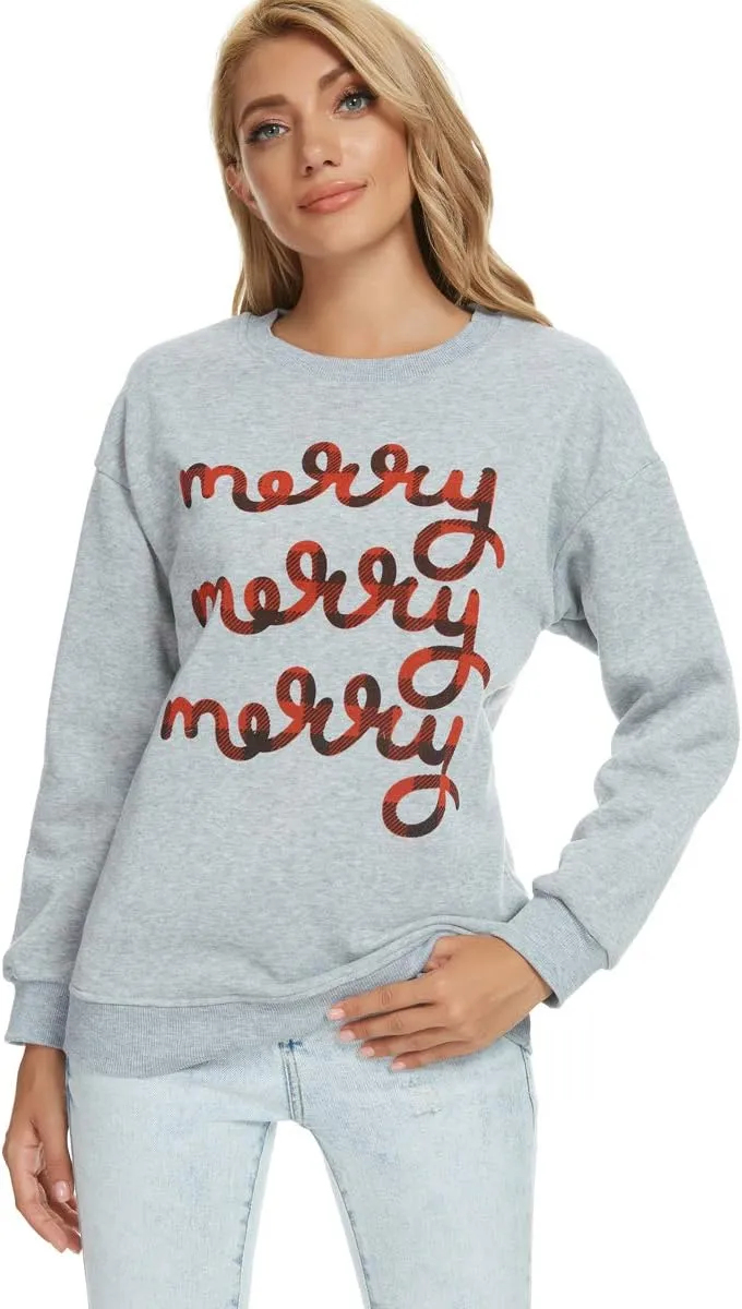 Barlver Women Christmas Fleece Sweaters Long Sleeve Fuzzy Sweatshirts Holiday Graphic Shirts