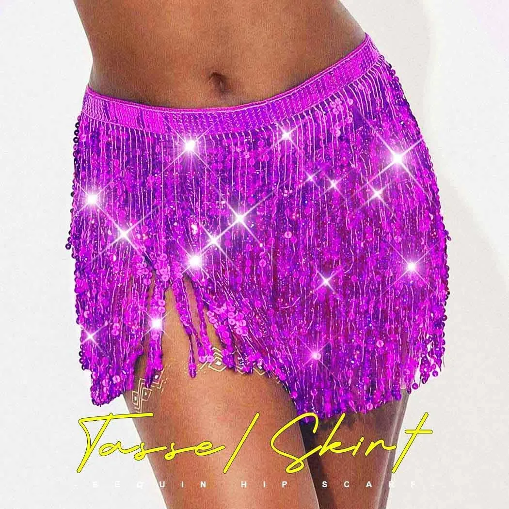Christmas Sequin Tassel Skirt Belly Dance Skirt Sparkly Hip Scarf Skirt New Year Party Costume for Women