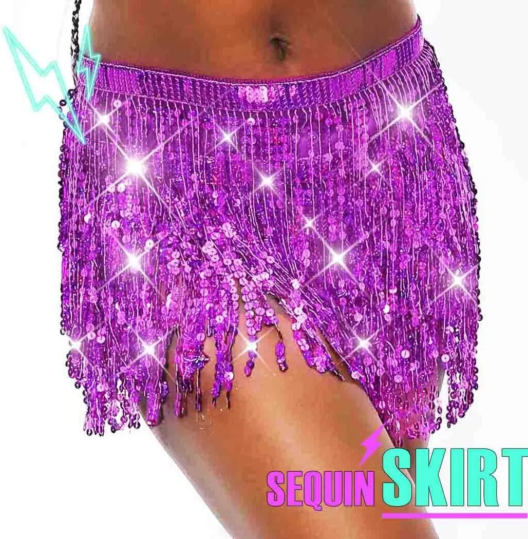 Christmas Sequin Tassel Skirt Belly Dance Skirt Sparkly Hip Scarf Skirt New Year Party Costume for Women