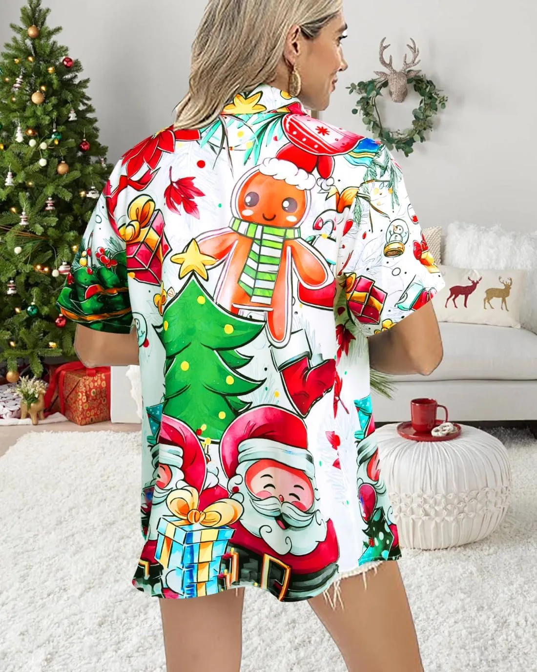 Christmas Shirt Women Happy New Year Xmas T-Shirt Funny Christmas Tree Plaid Graphic Tee Button Down Short Sleeve Blouse Top