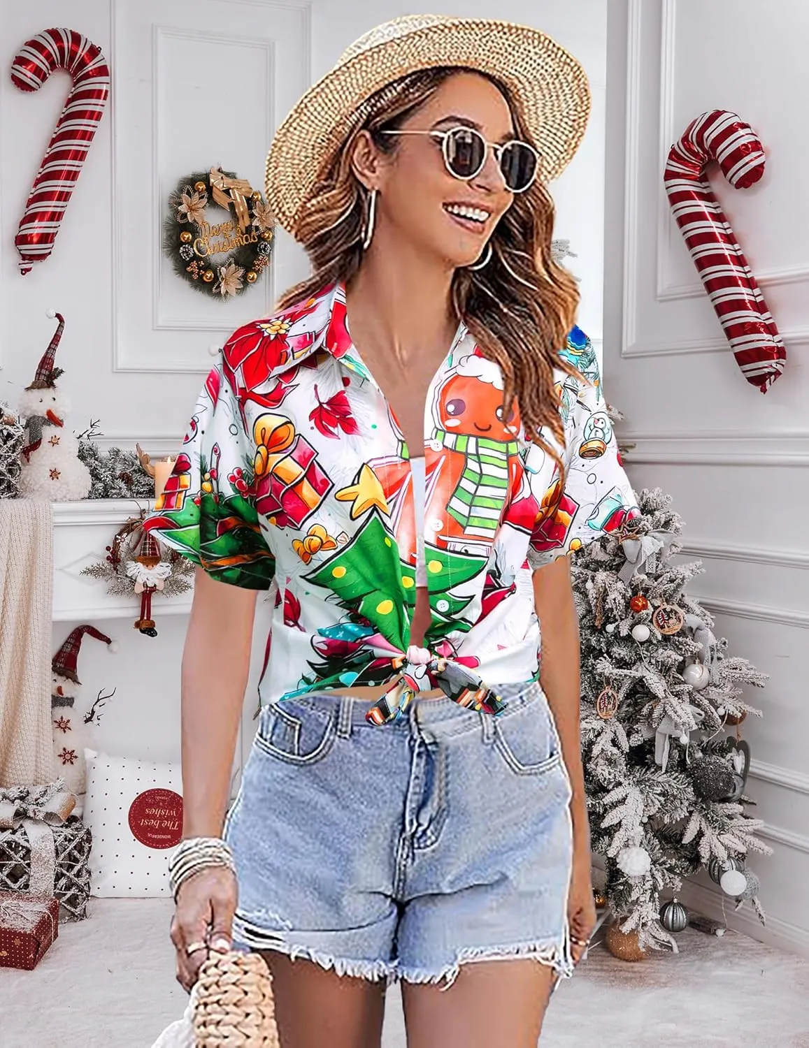 Christmas Shirt Women Happy New Year Xmas T-Shirt Funny Christmas Tree Plaid Graphic Tee Button Down Short Sleeve Blouse Top