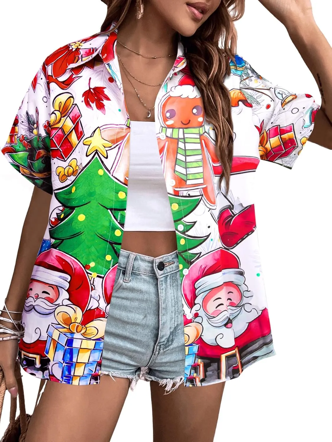 Christmas Shirt Women Happy New Year Xmas T-Shirt Funny Christmas Tree Plaid Graphic Tee Button Down Short Sleeve Blouse Top