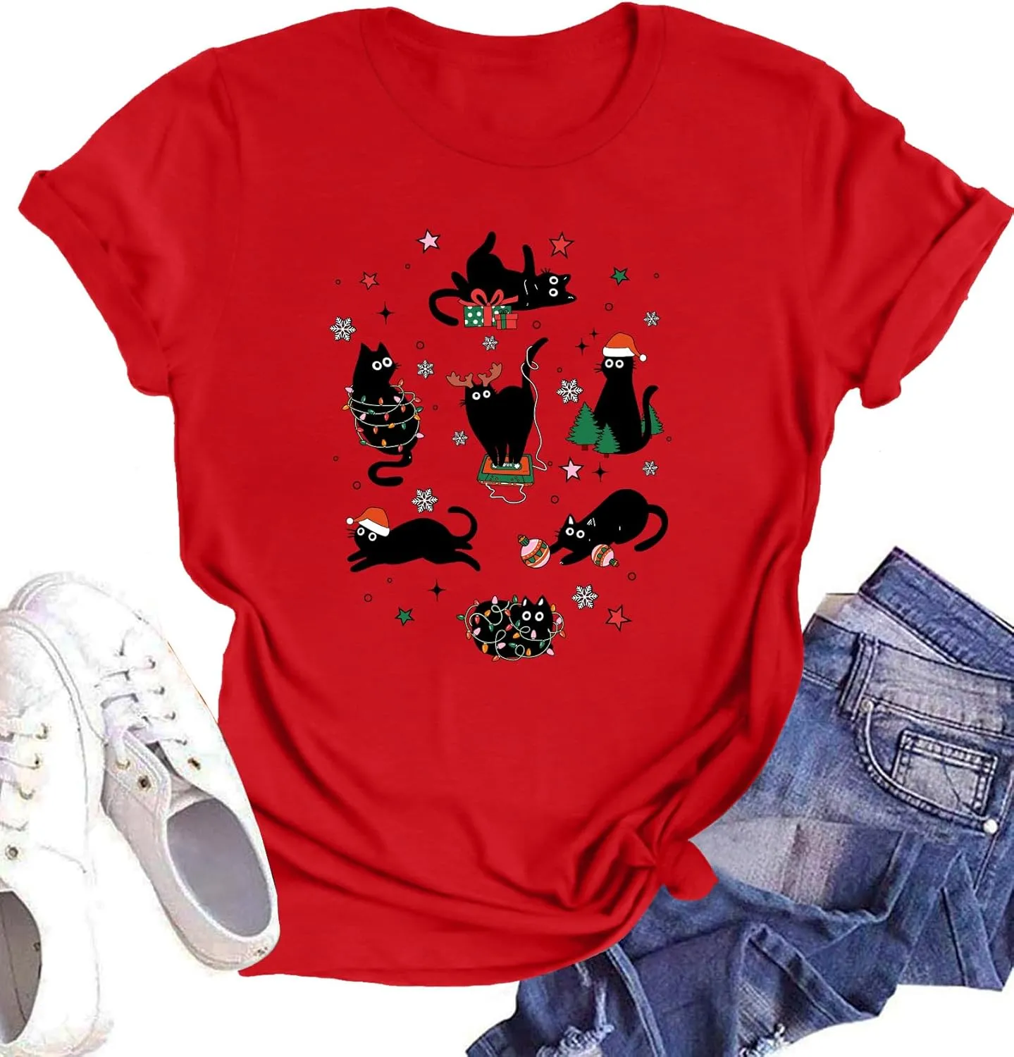 Christmas Shirts for Women Meowy Christmas Tshirt Cat Graphic Tee Short Sleeve Cat Lover Gifts Tops