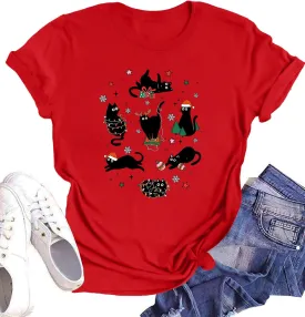 Christmas Shirts for Women Meowy Christmas Tshirt Cat Graphic Tee Short Sleeve Cat Lover Gifts Tops