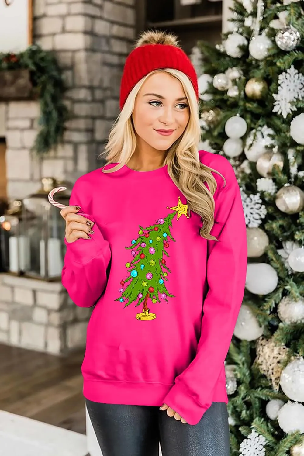 Christmas Sweatshirts for Women Cute Christmas Tree Graphic Long Sleeve Shirt Xmas Holiday Party Pullover Blouse