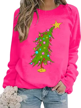 Christmas Sweatshirts for Women Cute Christmas Tree Graphic Long Sleeve Shirt Xmas Holiday Party Pullover Blouse
