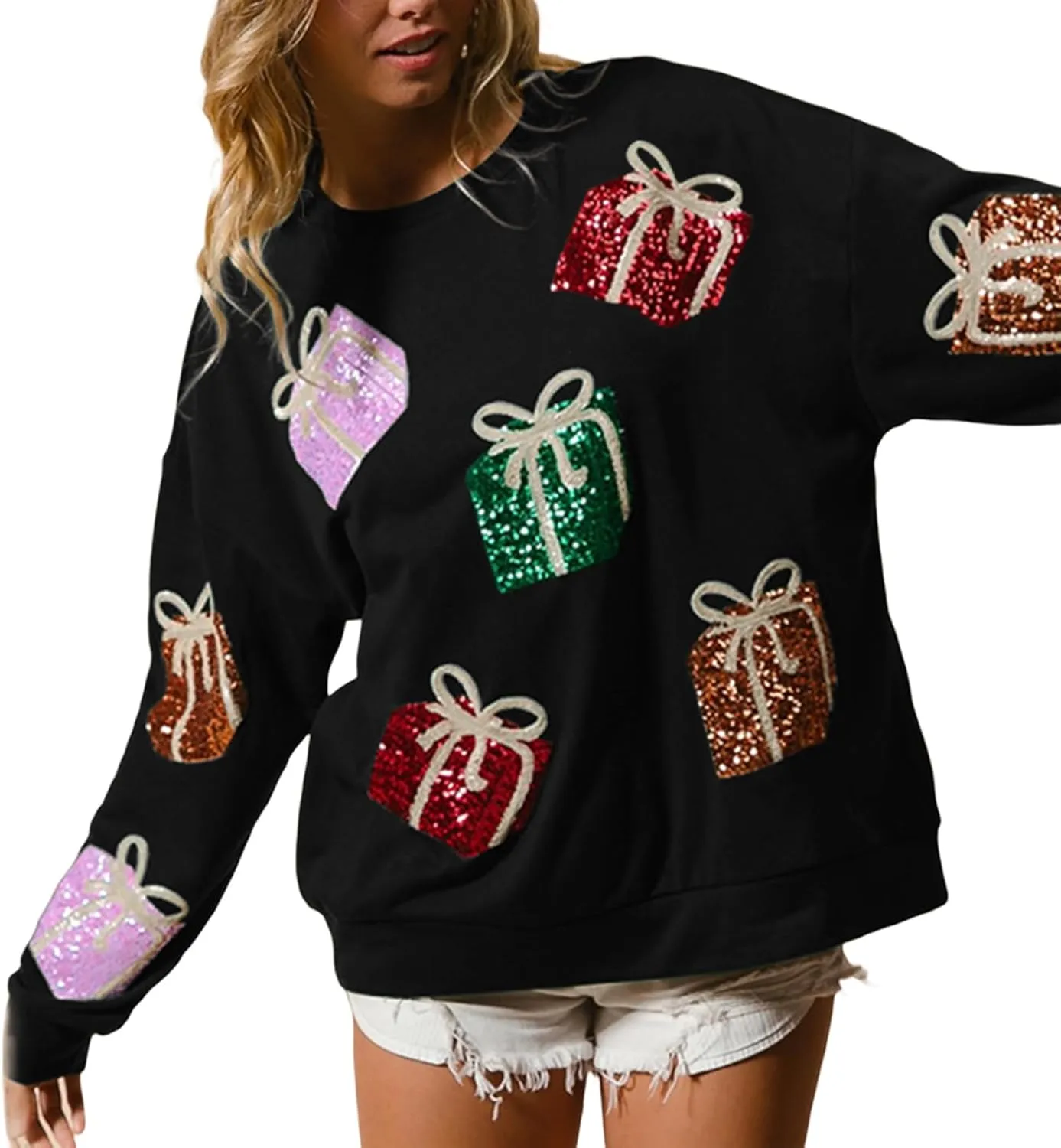 Christmas Sweatshirts Sequin Women Y2k Oversized Graphic Long Sleeve Sweater Holiday Merry Xmas Shirts Pullover Tops
