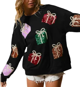Christmas Sweatshirts Sequin Women Y2k Oversized Graphic Long Sleeve Sweater Holiday Merry Xmas Shirts Pullover Tops