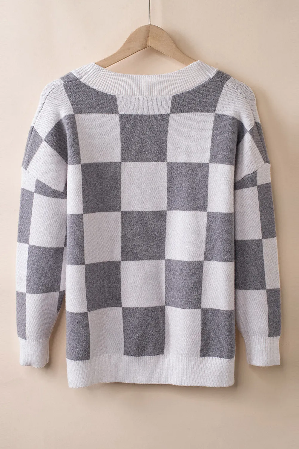 Contrast Checkered Print Button Up Sweater Cardigan