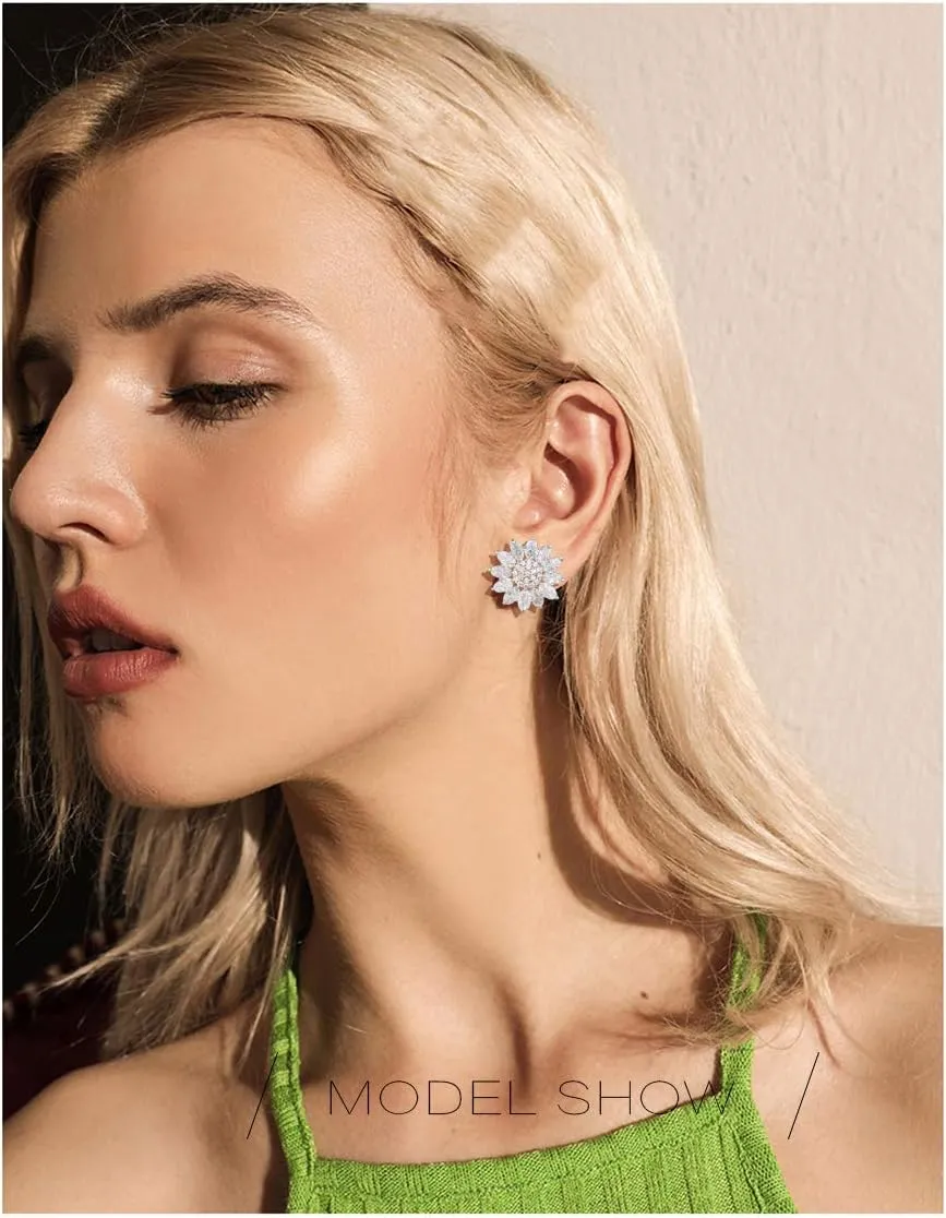 Crystal Flower Burst Stud Earirings - Big Sterling Silver CZ Cubic Zirconia Rhinestone Daisy Sunflower Floral Cluster Studs Bridal Wedding Party Prom Costume Jewelry for Bride Bridesmaids Women Birthstone Birthday Gift