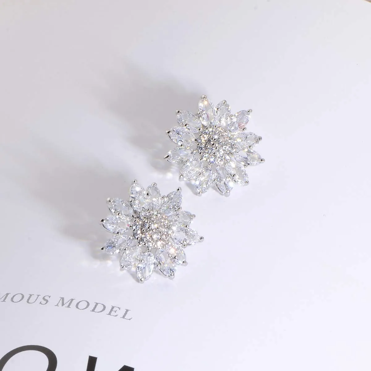 Crystal Flower Burst Stud Earirings - Big Sterling Silver CZ Cubic Zirconia Rhinestone Daisy Sunflower Floral Cluster Studs Bridal Wedding Party Prom Costume Jewelry for Bride Bridesmaids Women Birthstone Birthday Gift