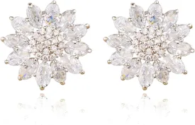 Crystal Flower Burst Stud Earirings - Big Sterling Silver CZ Cubic Zirconia Rhinestone Daisy Sunflower Floral Cluster Studs Bridal Wedding Party Prom Costume Jewelry for Bride Bridesmaids Women Birthstone Birthday Gift