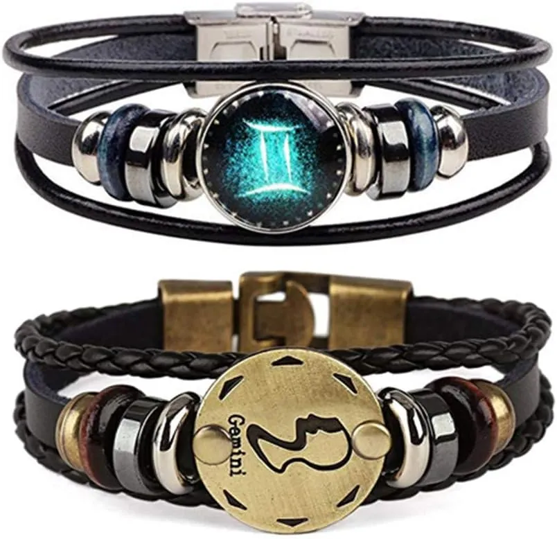 Dcfywl731 2Pcs Zodiac Bracelets for Women 12 Constellations Multilayer Leather Bracelet Handmade Woven Zodiac Sign Wrap Wristband Cuff Bracelet Zodiac Gifts for Birthday Christmas