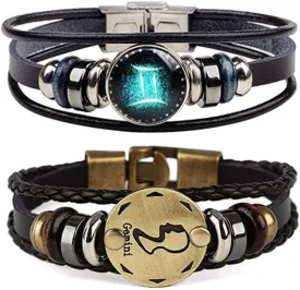 Dcfywl731 2Pcs Zodiac Bracelets for Women 12 Constellations Multilayer Leather Bracelet Handmade Woven Zodiac Sign Wrap Wristband Cuff Bracelet Zodiac Gifts for Birthday Christmas