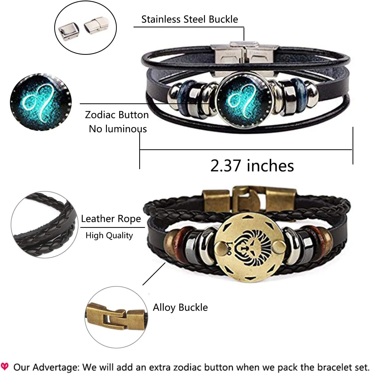 Dcfywl731 2Pcs Zodiac Bracelets for Women 12 Constellations Multilayer Leather Bracelet Handmade Woven Zodiac Sign Wrap Wristband Cuff Bracelet Zodiac Gifts for Birthday Christmas