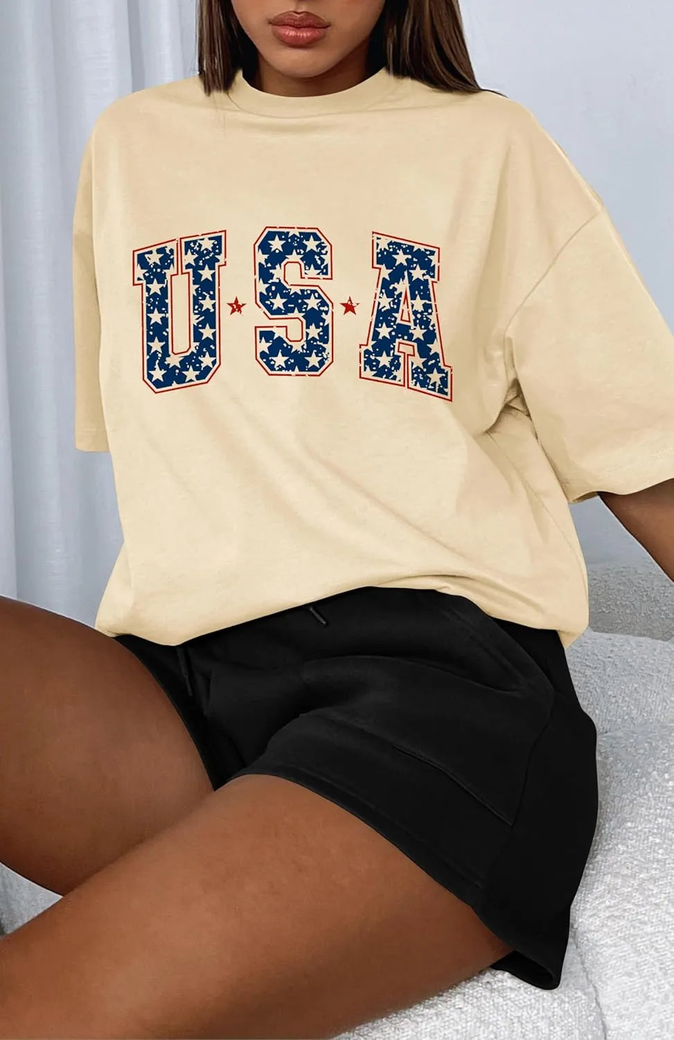 Dressmine Womens USA Oversized T-Shirts Summer Round Neck Short Sleeve Shirts Cute Print Graphic Tees