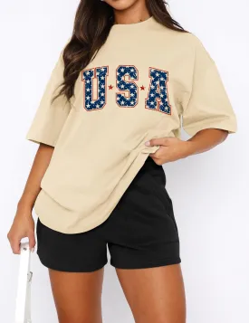Dressmine Womens USA Oversized T-Shirts Summer Round Neck Short Sleeve Shirts Cute Print Graphic Tees