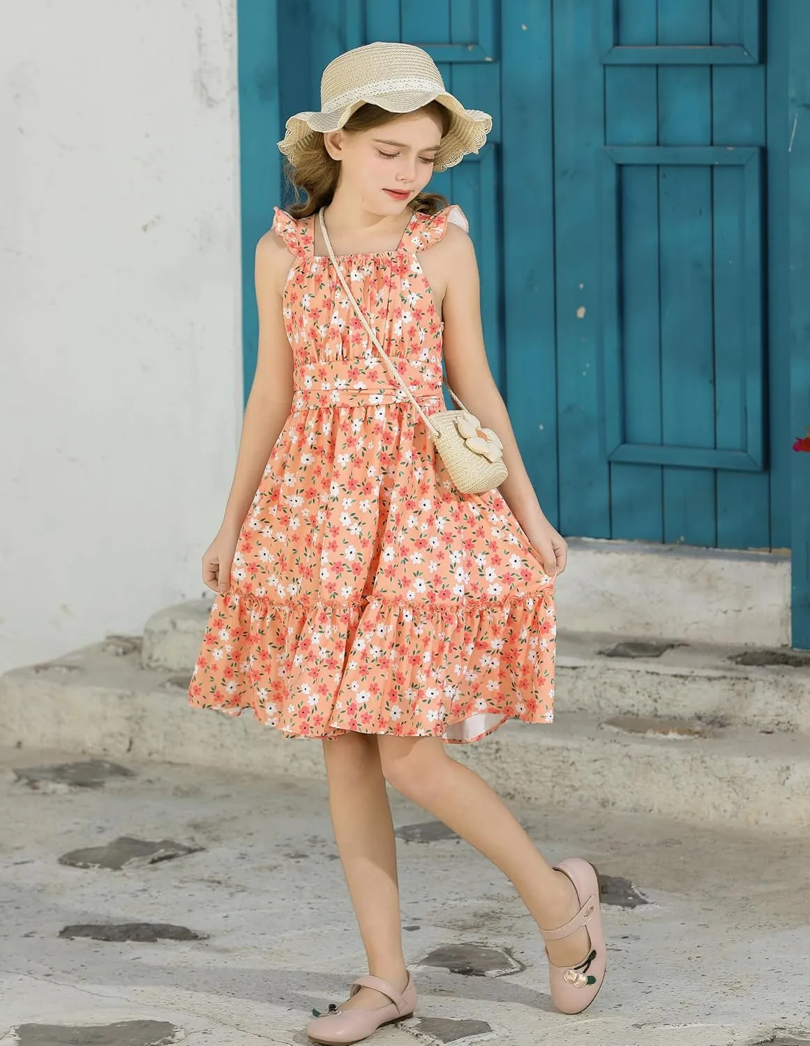 Girls Floral Dress Tie Back Flutter Sleeves Dresses Summer Casual A-Line Dress for 5-12Y