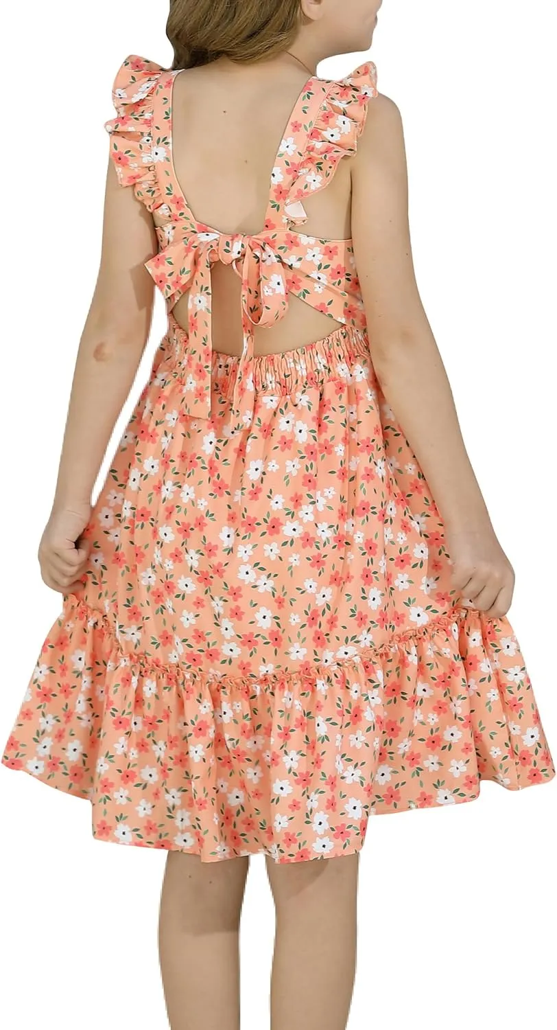 Girls Floral Dress Tie Back Flutter Sleeves Dresses Summer Casual A-Line Dress for 5-12Y
