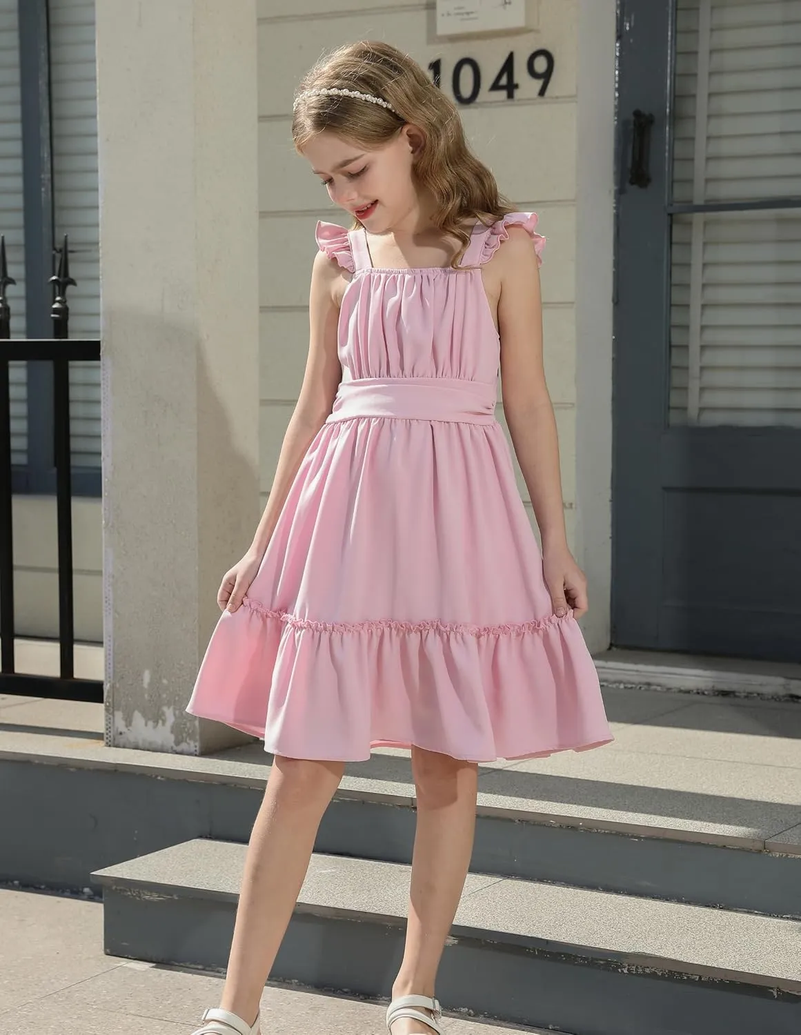 Girls Floral Dress Tie Back Flutter Sleeves Dresses Summer Casual A-Line Dress for 5-12Y