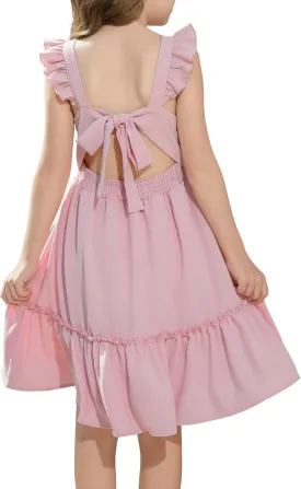 Girls Floral Dress Tie Back Flutter Sleeves Dresses Summer Casual A-Line Dress for 5-12Y