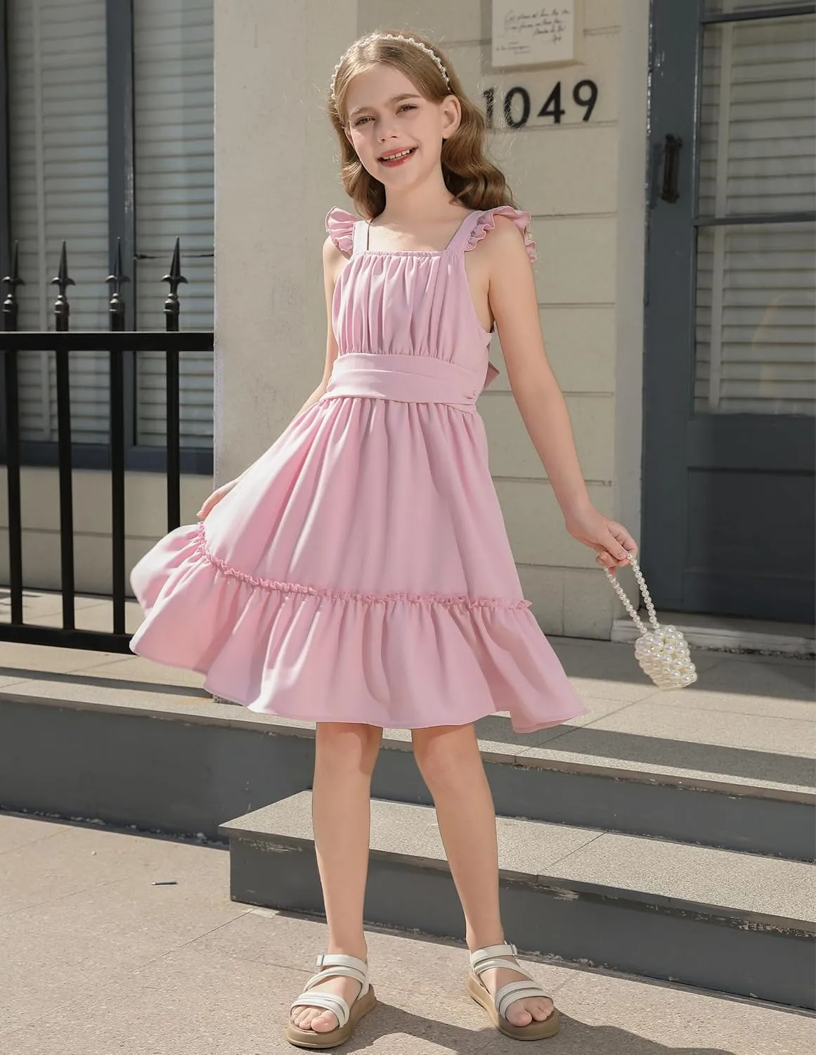 Girls Floral Dress Tie Back Flutter Sleeves Dresses Summer Casual A-Line Dress for 5-12Y