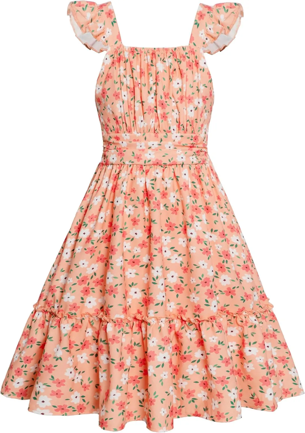 Girls Floral Dress Tie Back Flutter Sleeves Dresses Summer Casual A-Line Dress for 5-12Y