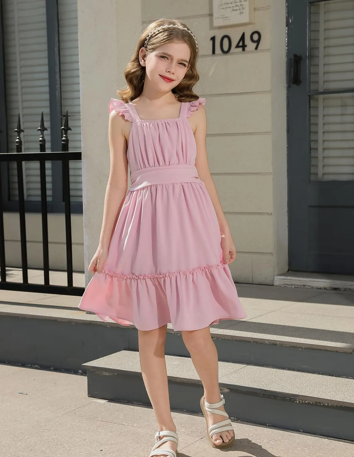Girls Floral Dress Tie Back Flutter Sleeves Dresses Summer Casual A-Line Dress for 5-12Y