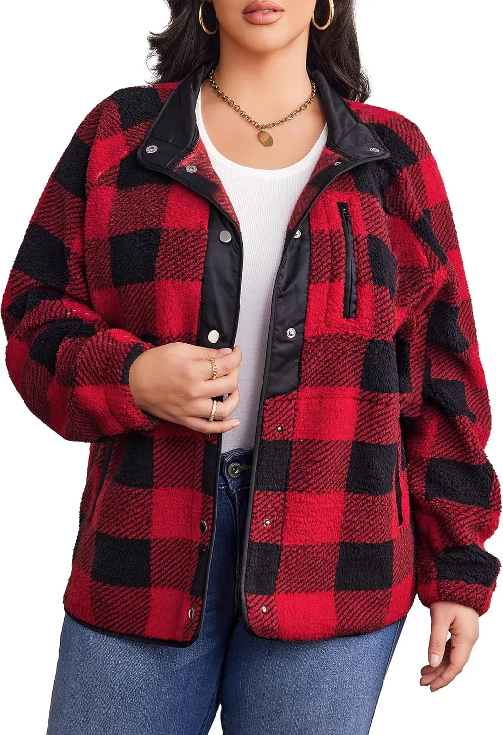 IN'VOLAND Plus Size Womens Fleece Jacket Western Aztec Print Long Sleeve Snap Button Down Shacket with Pockets