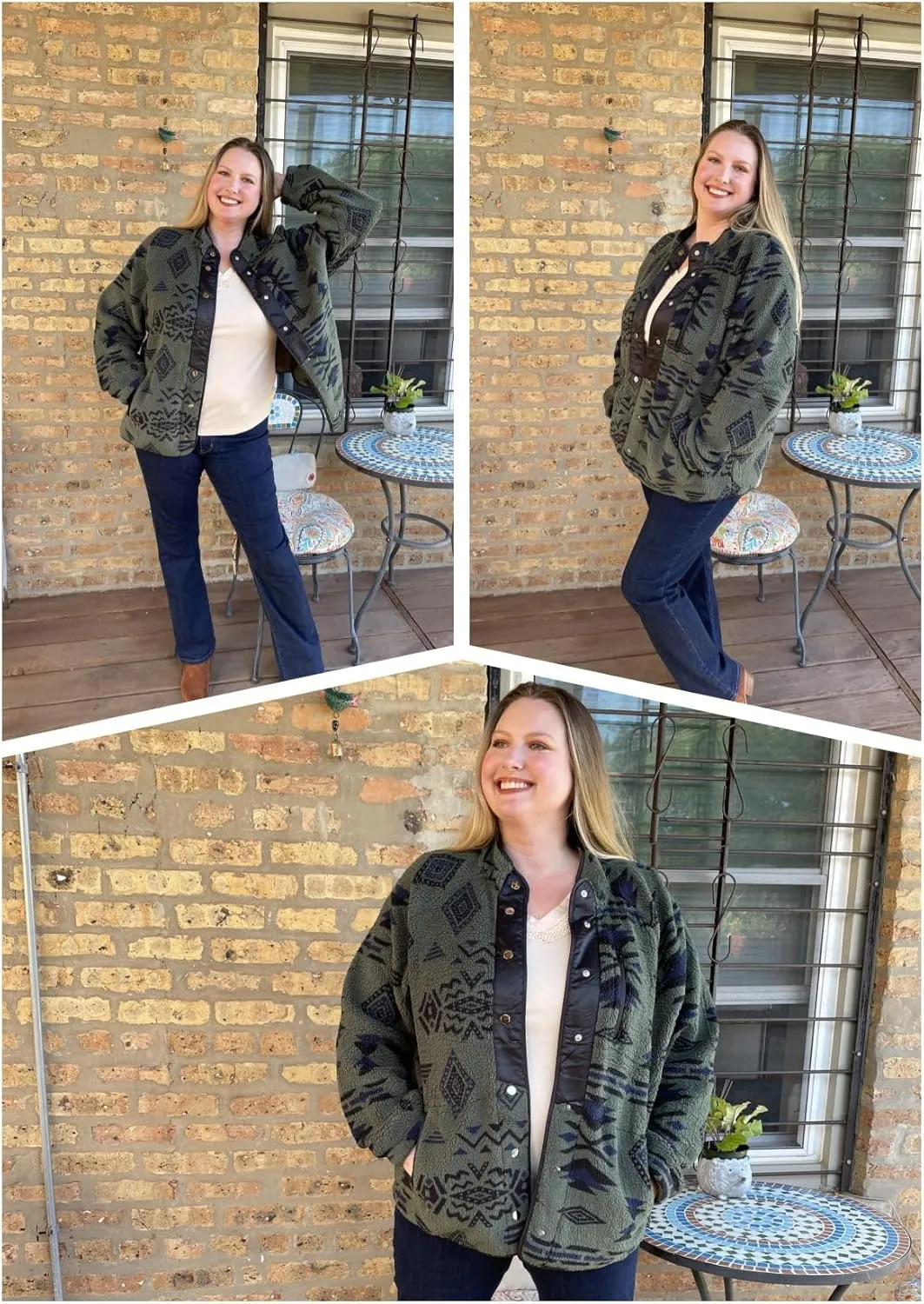 IN'VOLAND Plus Size Womens Fleece Jacket Western Aztec Print Long Sleeve Snap Button Down Shacket with Pockets